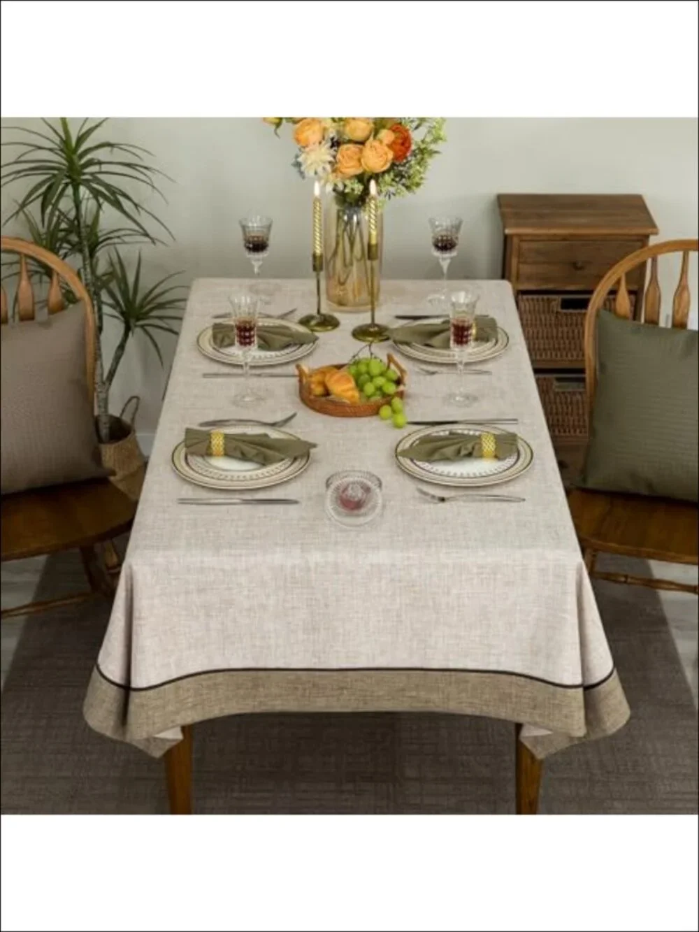 Linen Style Tablecloth 55x102 Rectangular Mitered Border Washable Dining